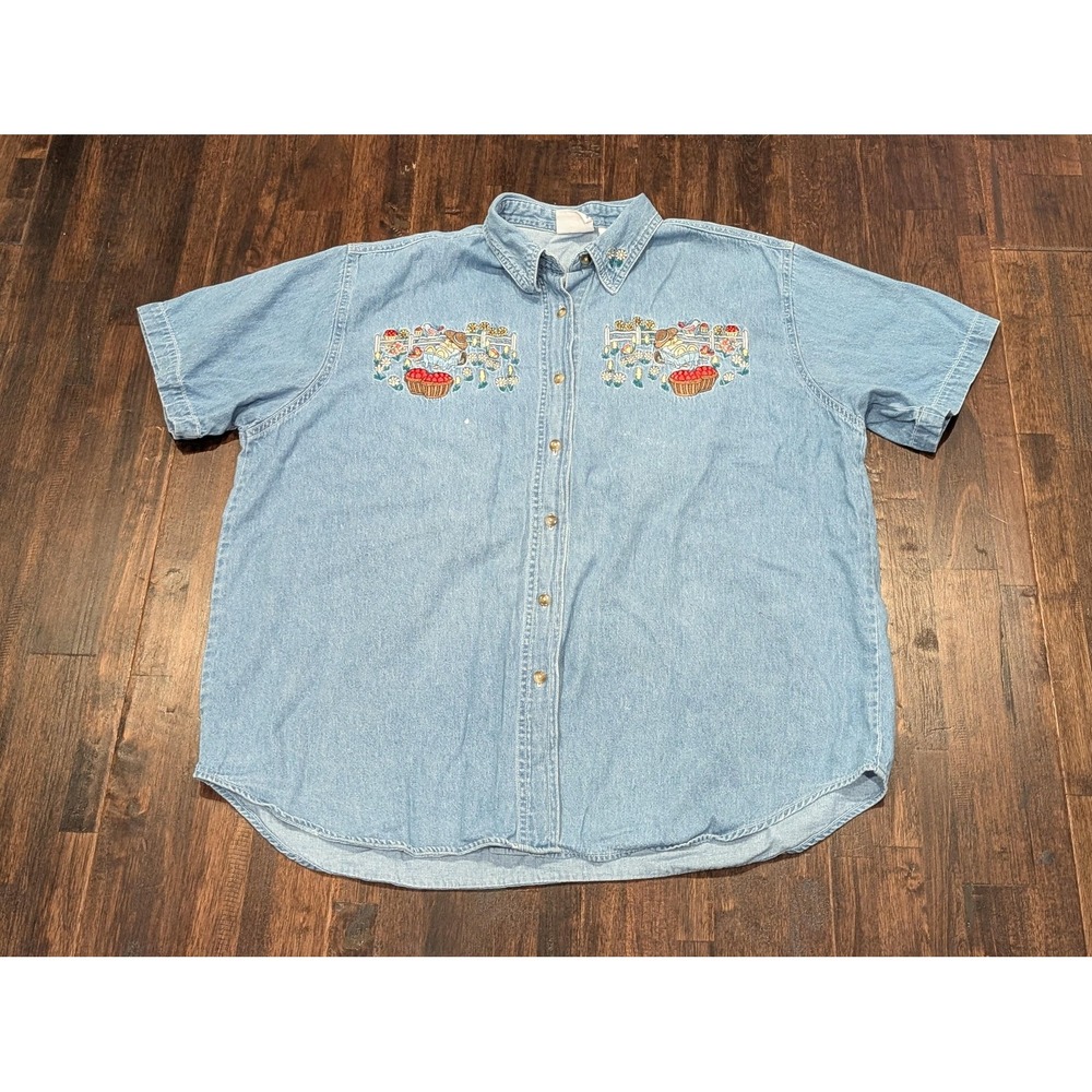 Bobbie‎ Brooks Shirt Womens XL Denim Blue Embroidered Cute Cottagecore Granny